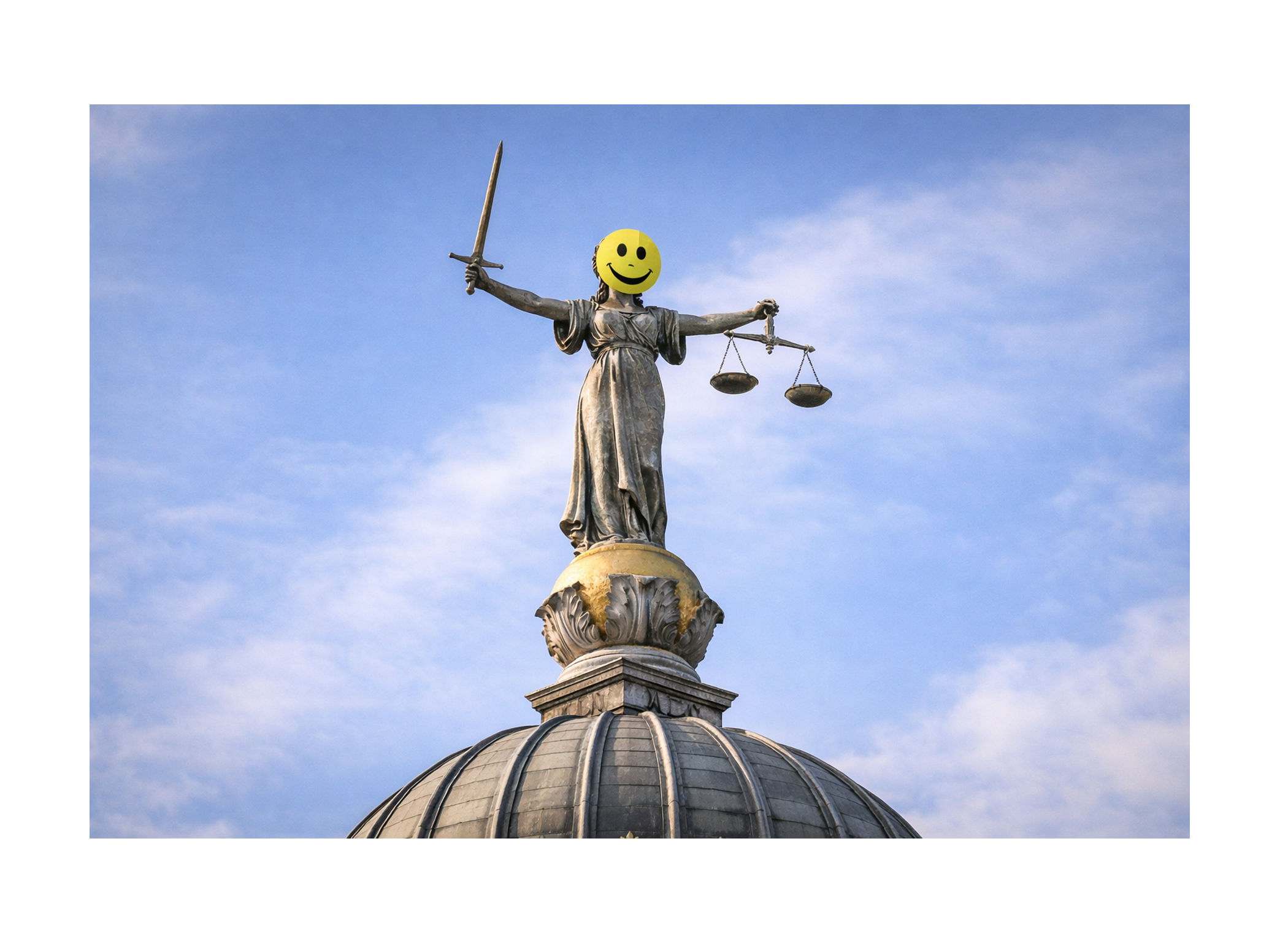 Satirical illustration of a judge handing down 'Not Really Guilty' verdict in UK courtroom