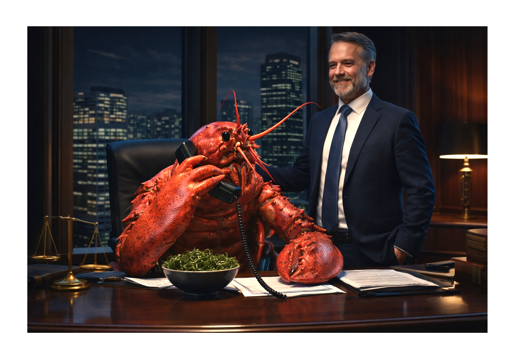 Cartoon lobster ClawBot avatar addressing shocked law firm partners on video call